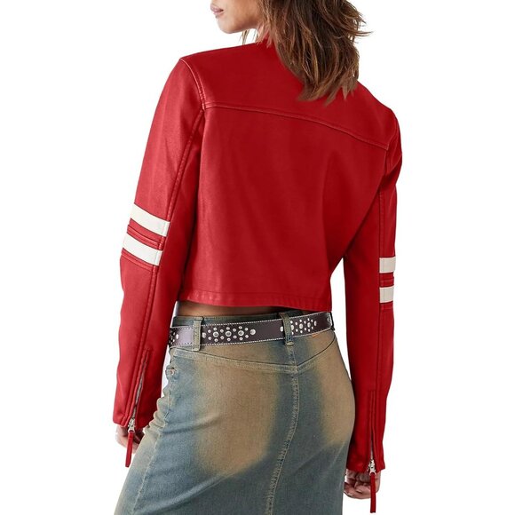 Women Red Faux Leather Zip Up Cropped Jacket Stand Collar Moto Coat - Picture 4 of 5